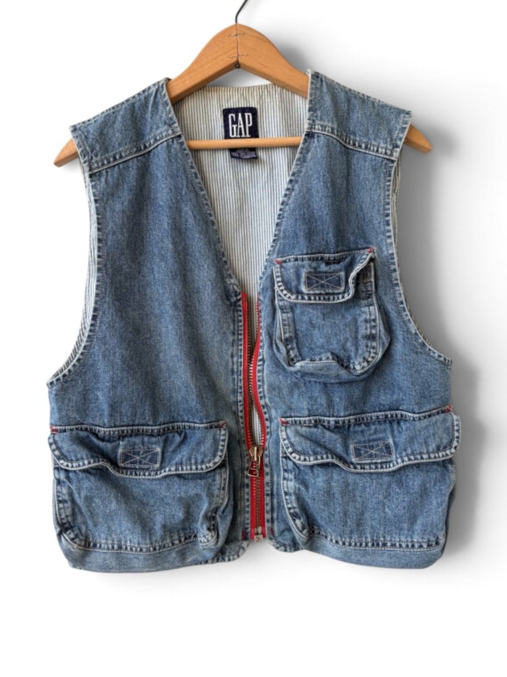 Vintage 90s GAP Men’s Denim Utility Fishing Vest Cargo Zip Small